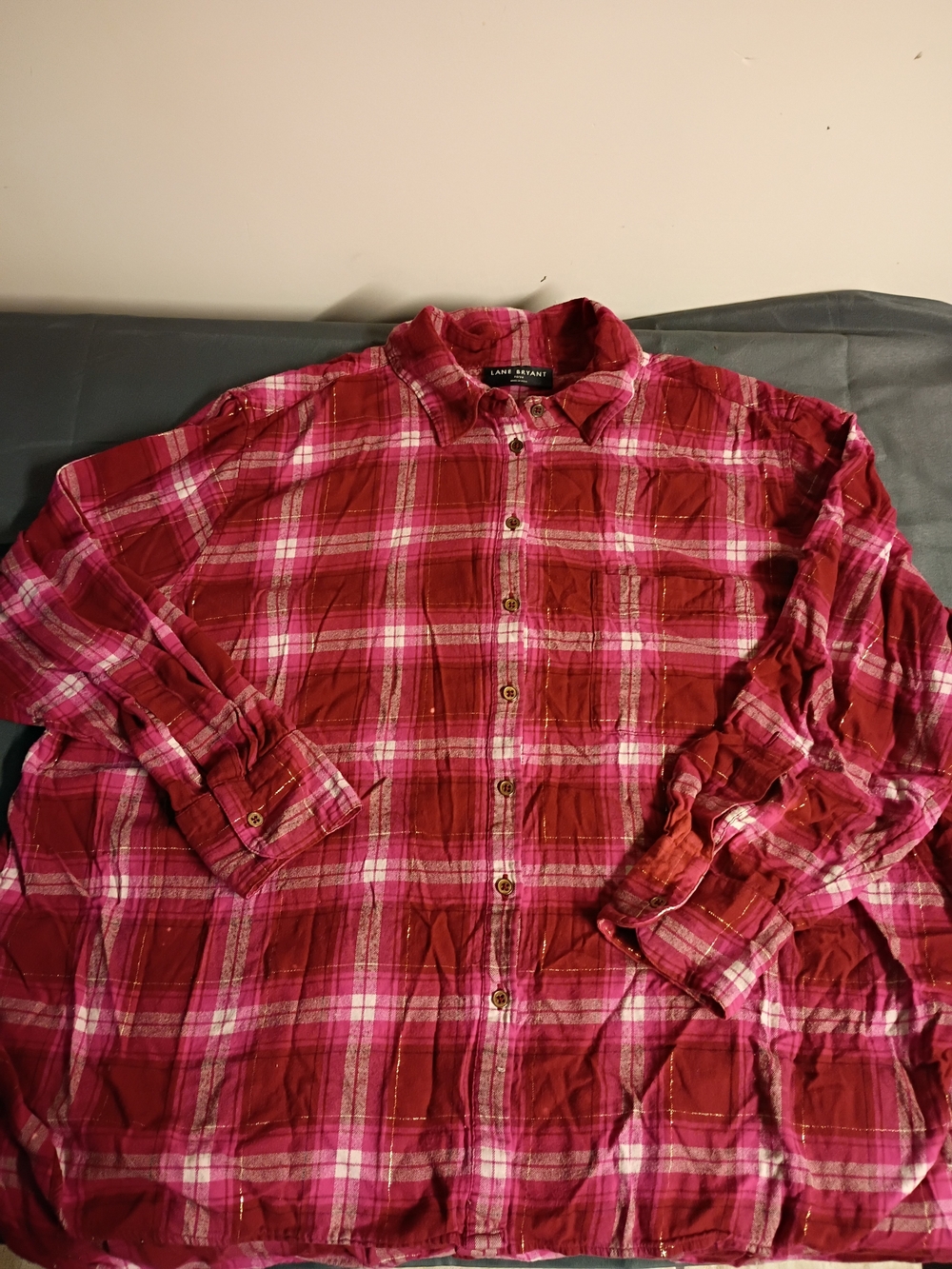 Lane Bryant Women's Pink and Red Plaid Button-Down Shirt